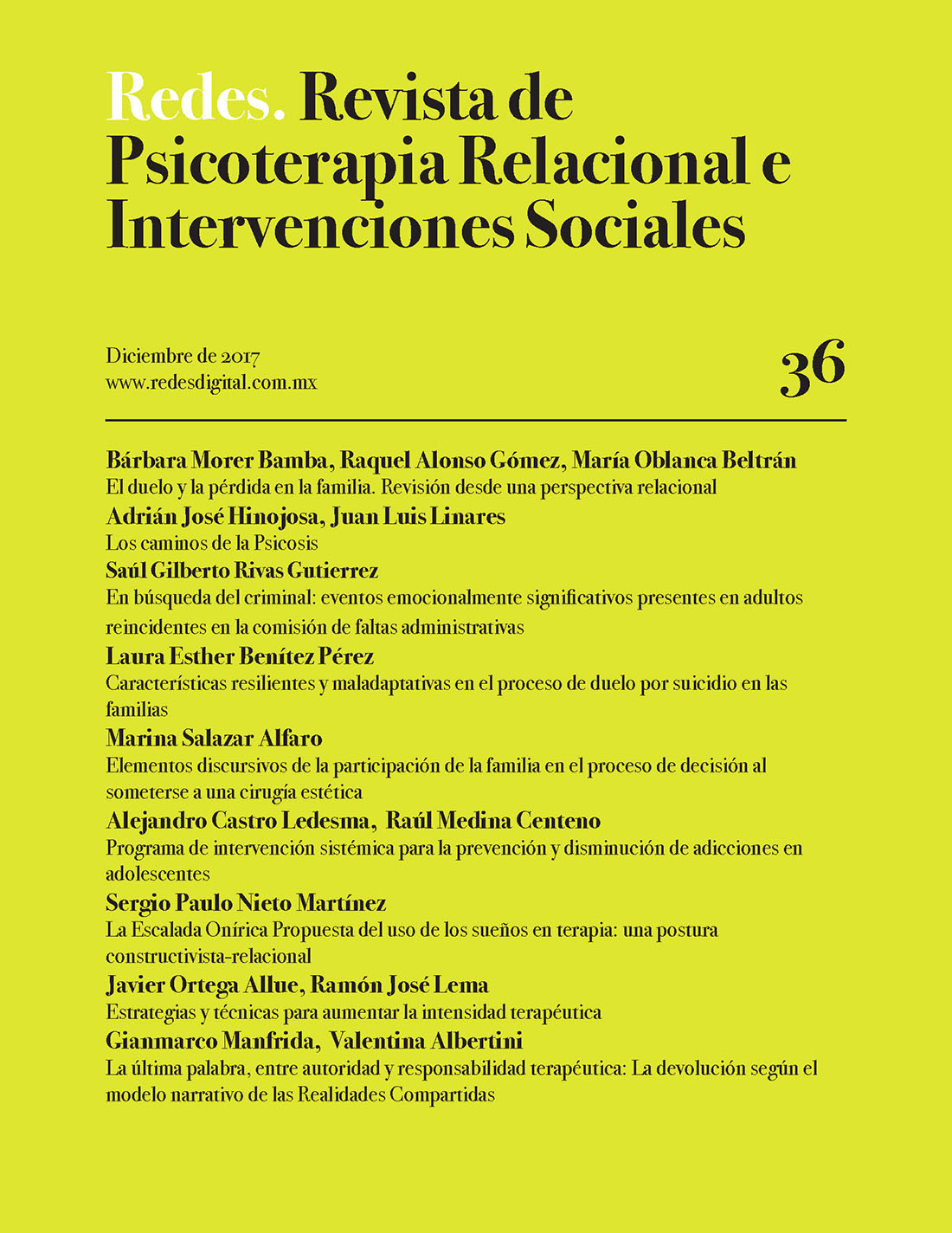 Redes. Revista de Psicoterapia Relacional e Intervenciones Sociales. Diciembre, 2017